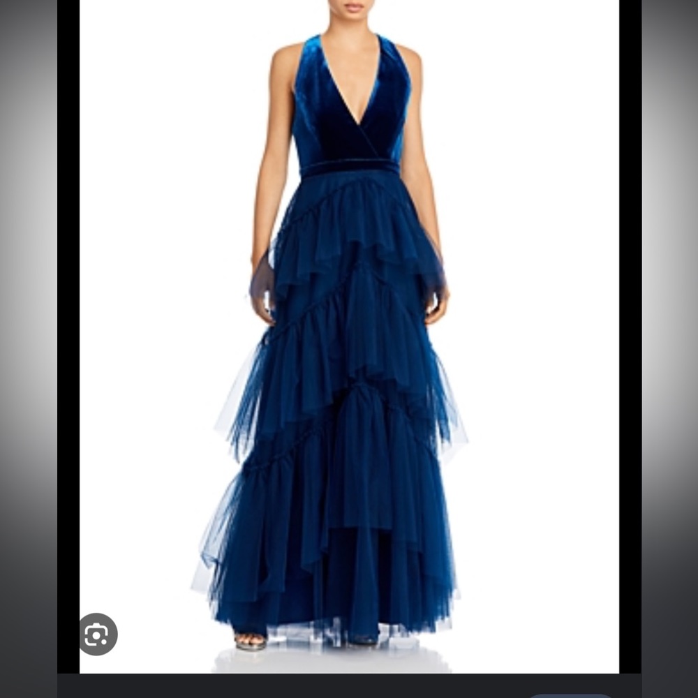 BCBG top tiered tulle and velvet evening gown
